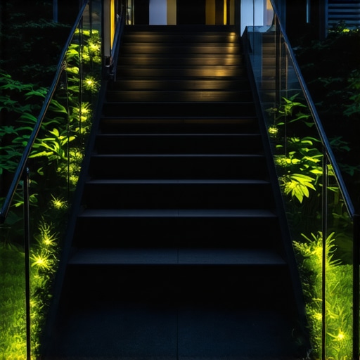 Contemporary outdoor stairs with composite decking and lighting Stylish outdoor stairs with composite decking, lighting, and glass balustrades in a garden