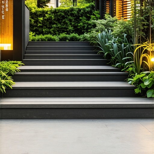 Modern outdoor deck featuring composite stairs, lighting, and lush garden backdrop