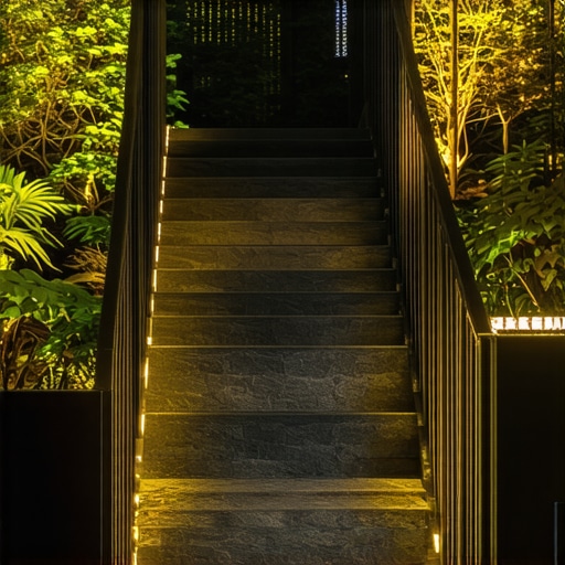 Contemporary outdoor staircase featuring textured composite steps, embedded LED lights, and modern railings