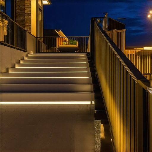 A sleek outdoor deck with integrated lighting and composite stairs demonstrating expert design.