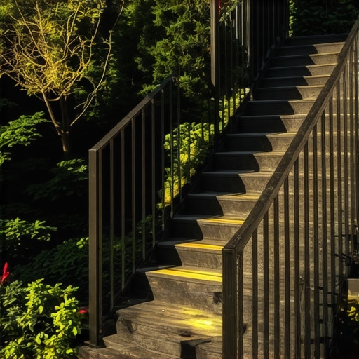 Modern Composite Outdoor Staircase with Lighting Stylish outdoor stairs made of composite material with LED lighting and glass railings in a garden