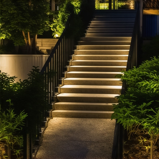 A modern outdoor staircase illuminated at night, surrounded by greenery