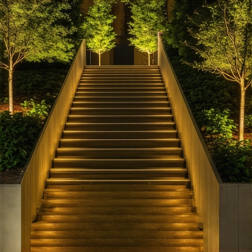 Modern outdoor staircase with lighting and lush landscaping