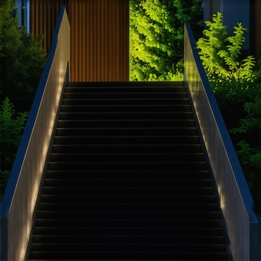 Stylish modern outdoor stairs with lighting Contemporary outdoor stairs featuring textured composite material and integrated lighting, in a garden
