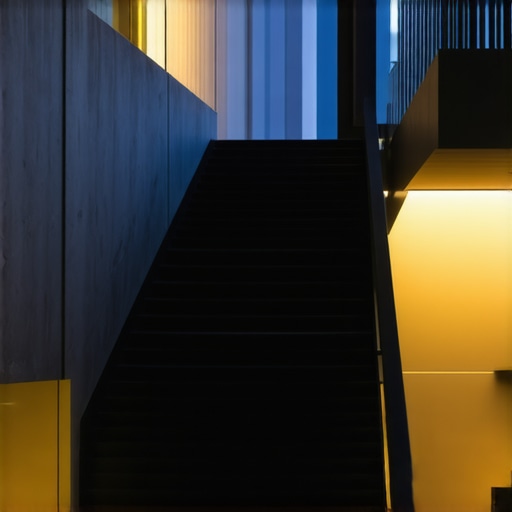 Modern outdoor staircase with composite decking, sleek design, safety features, and ambient lighting.