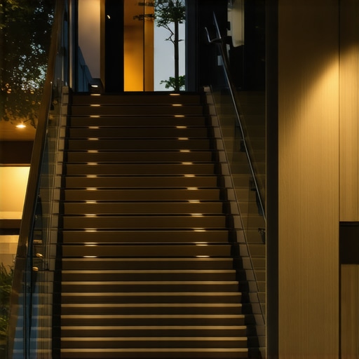 A sleek outdoor staircase made of composite materials with lighting and glass panels
