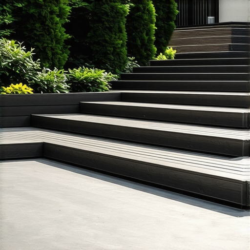 Outdoor deck with composite materials, lighting, and modern stairs in a garden