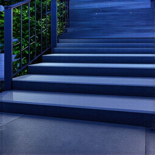Contemporary outdoor staircase with composite materials and lighting Modern outdoor staircase featuring composite treads, integrated LED lights, and metal handrails in a garden setting.
