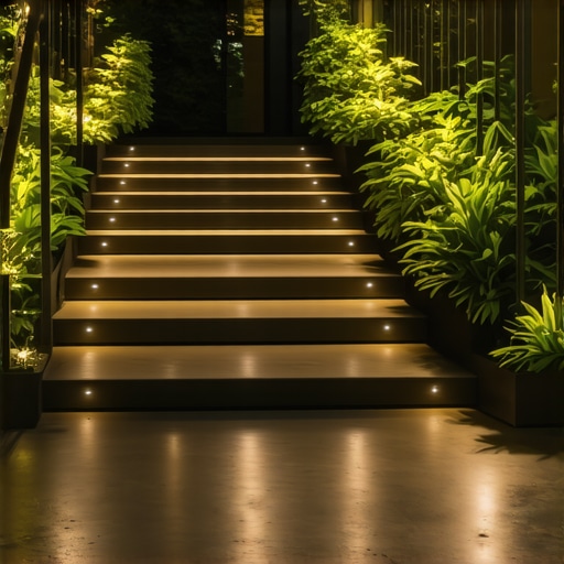 Contemporary outdoor staircase with composite steps and lighting Modern outdoor staircase with composite decking, LED lights, and metal railing in a garden