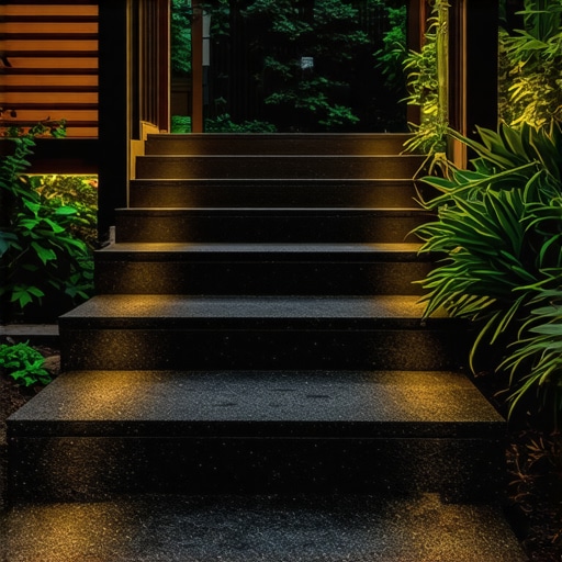 Modern composite outdoor stairs with lighting and textured surface connecting deck to garden