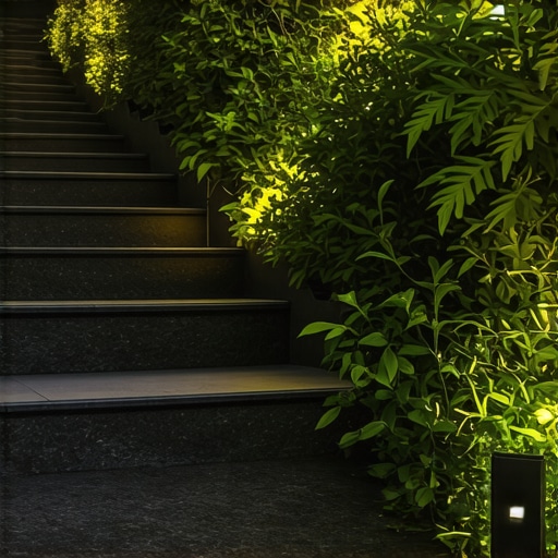 Elegant Modern Outdoor Staircase with Lighting Sleek outdoor stairs with integrated lighting and textured surfaces in a landscaped garden