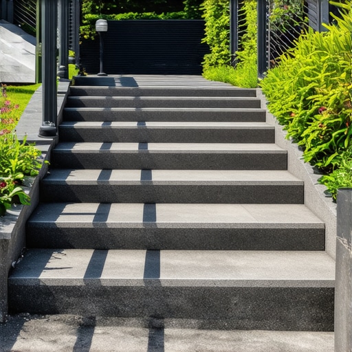 Elegant outdoor composite stairs with lighting Outdoor staircase with composite steps, handrails, and lighting in garden setting