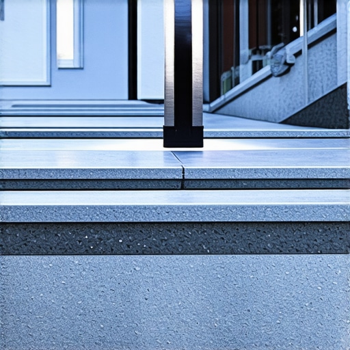 Close-up of textured composite outdoor stairs with lighting and handrails