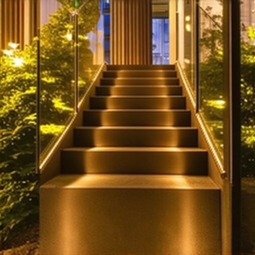 Modern Outdoor Staircase with LED Lighting Stylish outdoor staircase featuring LED lights, composite treads, and sleek glass balustrades, illuminated at night.