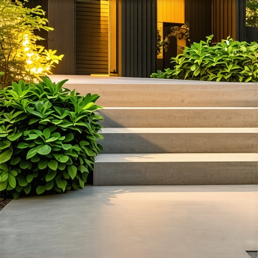 Sophisticated Outdoor Deck with Custom Stairs and Lighting Elegant outdoor deck featuring composite decking, custom stairs with lighting, and lush landscape