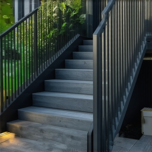 Outdoor staircase with composite decking, lighting, and decorative railing in a garden
