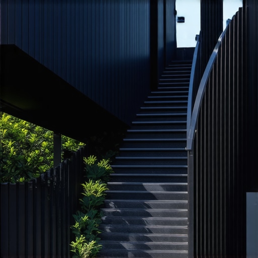 A modern, durable composite outdoor staircase seamlessly integrated into a lush garden