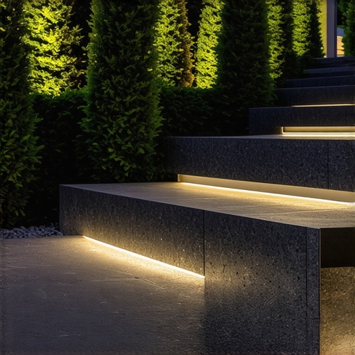 Modern outdoor stairs with LED lighting and textured steps in a garden setting.