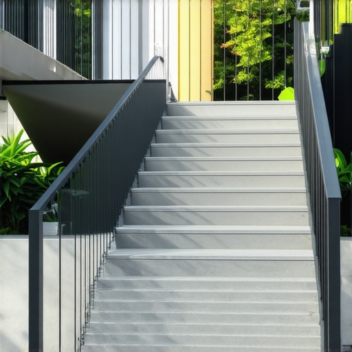 Contemporary outdoor staircase with composite materials, elegant design, and lighting