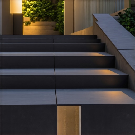 Stylish Outdoor Stairs with Lighting Contemporary outdoor stairs featuring integrated lighting and durable composite materials in a lush garden setting