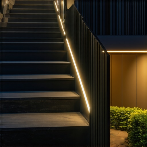 Modern composite stairs with integrated lighting and sleek railings in an outdoor setting.