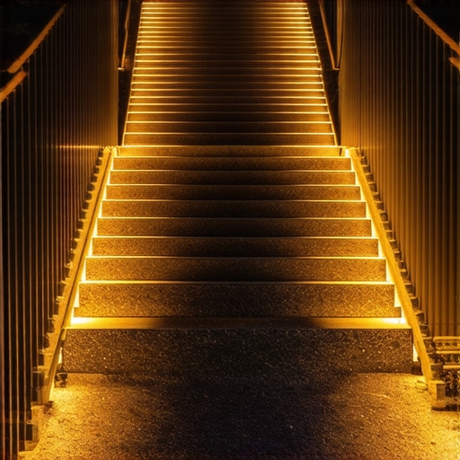 Stylish modern outdoor staircase with lighting A sleek, composite outdoor staircase illuminated at night with stylish railings and textured steps