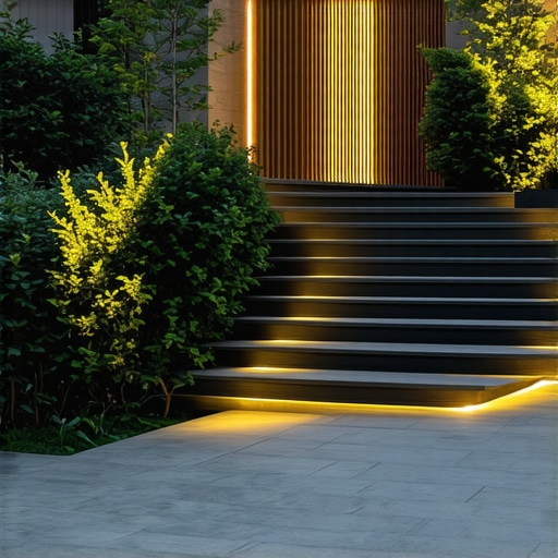 Stylish outdoor stairs with integrated lighting Contemporary outdoor staircase featuring composite steps and ambient lighting