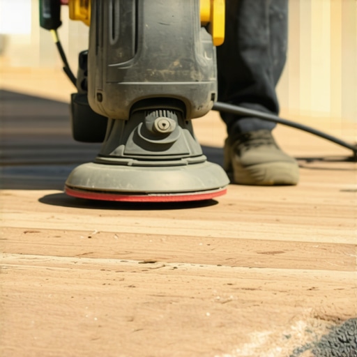 A person using an orbital sander on a wooden deck to maintain its surface during routine upkeep