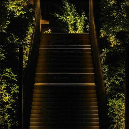 Modern outdoor staircase with composite materials, stylish railing, and lighting in a garden