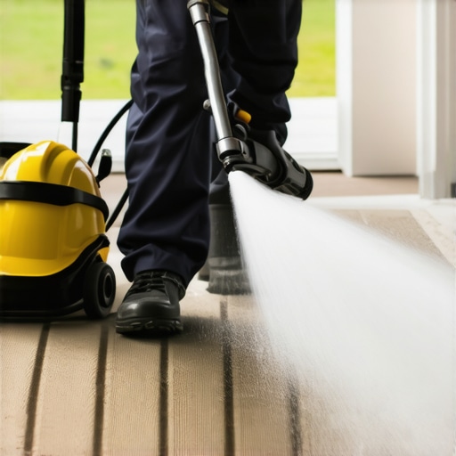 A person using a high-pressure washer to clean a composite deck, emphasizing maintenance tools