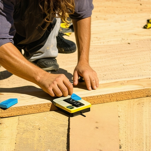 Carpenter measuring and preparing deck framing with tools
