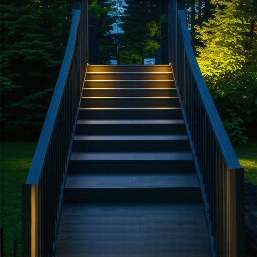 Contemporary outdoor deck with composite decking, elegant stairs, and ambient lighting in garden