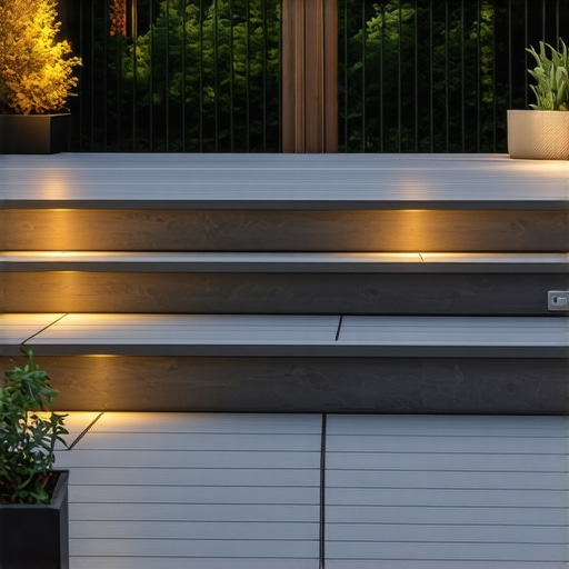 A modern outdoor deck with composite stairs and lighting