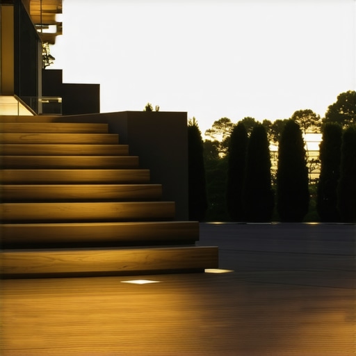 Modern outdoor deck with stairs, lighting, and stylish design in a backyard