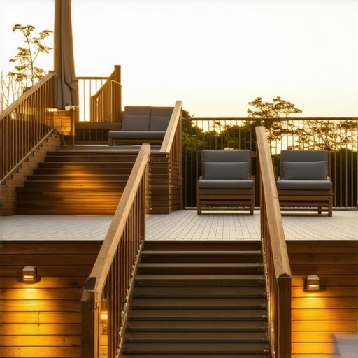 Modern outdoor deck with composite stairs, lighting, and seating