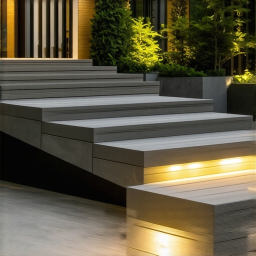 Modern outdoor staircase made with composite decking, featuring lighting and handrail in a garden