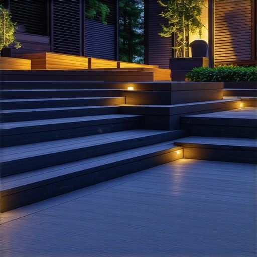 Beautiful outdoor deck with composite stairs, lighting, and modern design