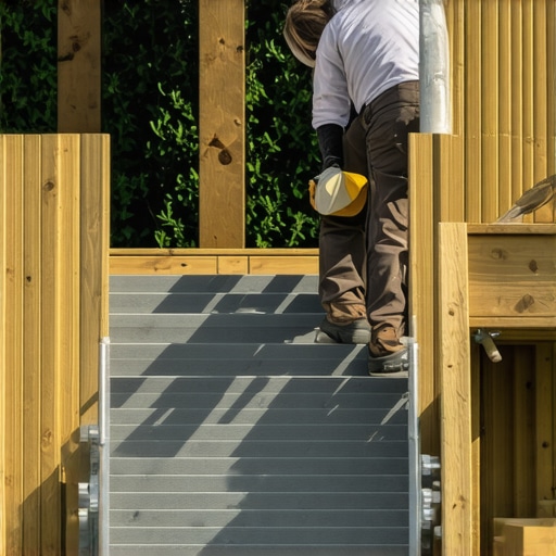 Carpenter installing durable composite stairs with safety features in a backyard