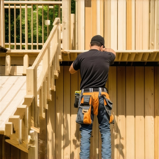 Professional installing composite decking and stairs in a backyard