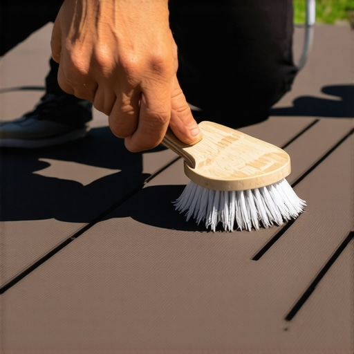 Person cleaning a composite deck with a soft brush and mild cleaner, showcasing proper maintenance techniques.