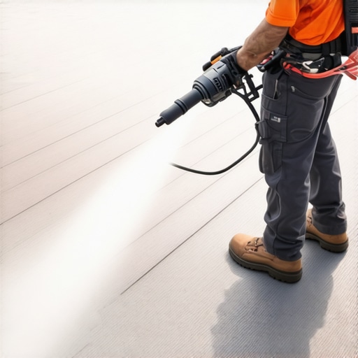 Homeowner Cleaning Composite Deck with Power Washer Person cleaning a composite deck with a power washer