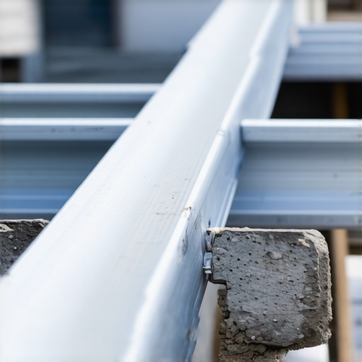 Close-up of aluminum joists being installed with fasteners in a backyard construction site.