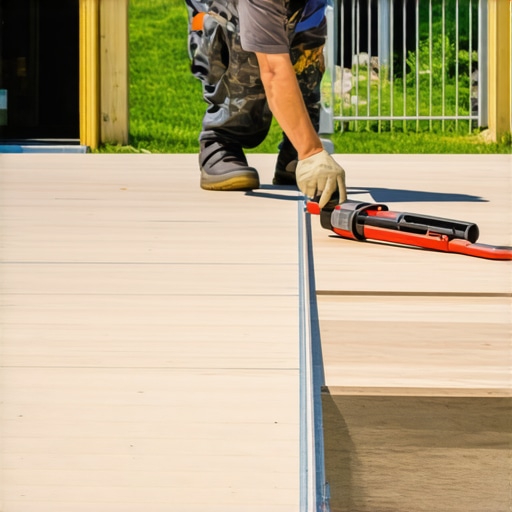 A craftsman attaching composite decking boards to stairs in a backyard