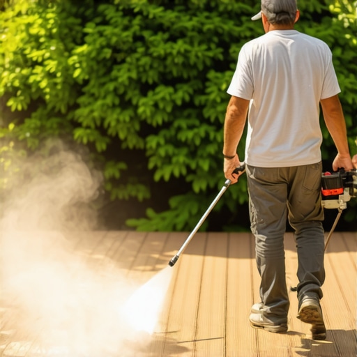Person cleaning a composite deck with a pressure washer and eco-friendly cleaner