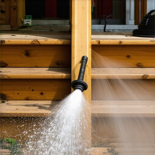 Power washing composite deck and stairs A person using a power washer to clean a composite outdoor deck and stairs, demonstrating maintenance tools.