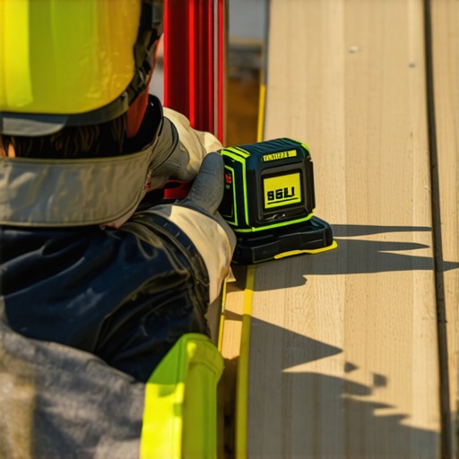 A person using a laser level to ensure deck boards are perfectly aligned during maintenance