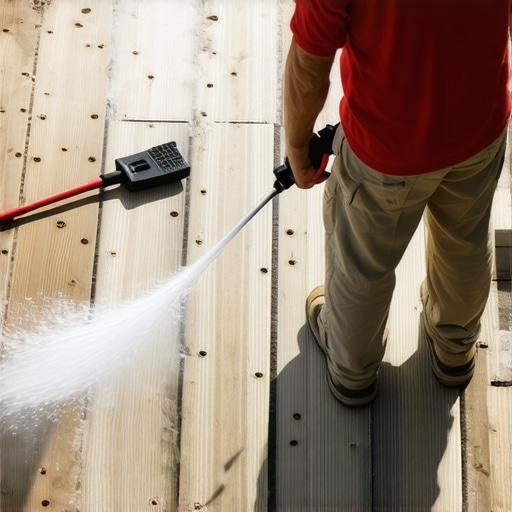 Person pressure washing a composite deck using professional tools