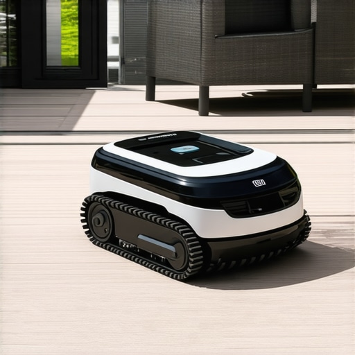 Robotic Deck Cleaner in Modern Outdoor Space A sleek robotic cleaner maintains a stylish composite deck on a sunny day