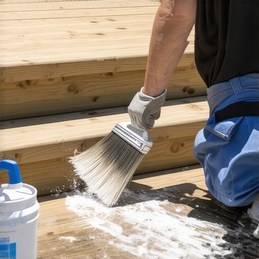 Person sealing outdoor wooden stairs with waterproof sealant for durability