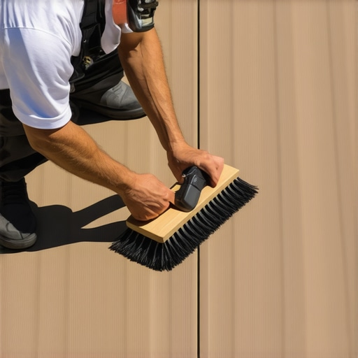 Deck Maintenance in Action with Modern Tools Technician inspecting and cleaning composite outdoor decking with moisture sensors and brushes